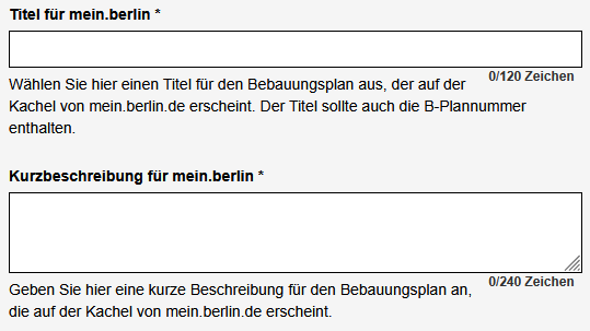 Ausschnitt aus der Bearbeitungsansicht des Bebauungsplans für Titel und Kurzbeschreibung auf mein.berlin.de