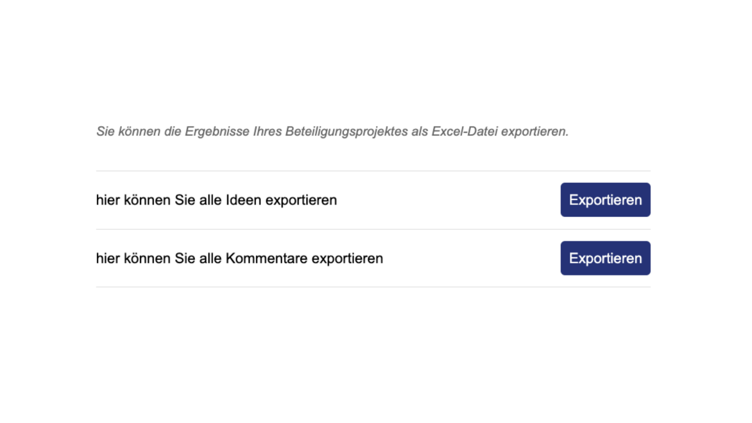 Ansicht der Excel exportieren Funktion im Modul Bürger*innenhaushalt (2 Phasen)