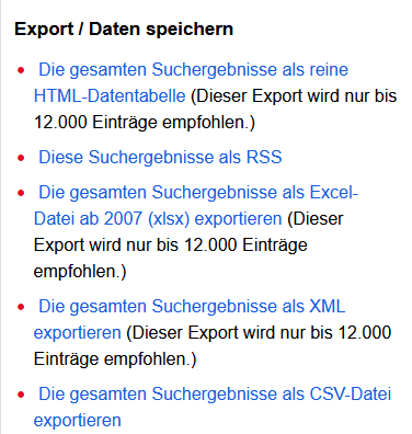 Liste der Standard-Exporte für die SimpleSearch