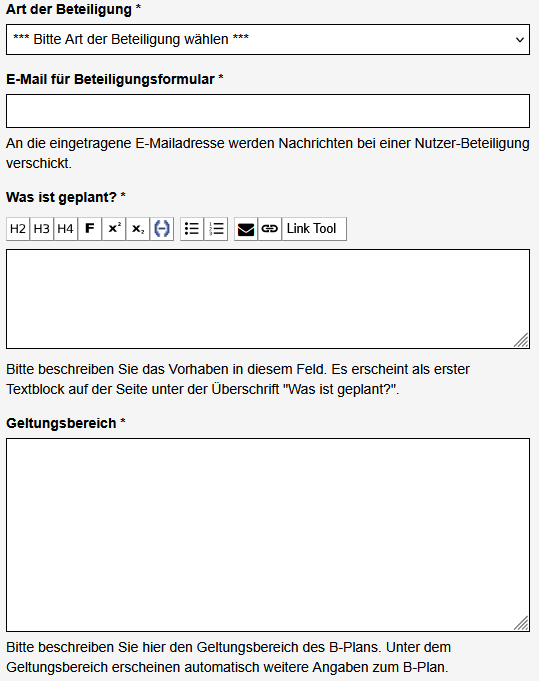 Ausschnitt aus der Bearbeitungsansicht des Bebauungsplans mit Feldern für die Art der Beteiligung, Kontakt-E-Mail, Vorhaben (Was ist geplant?) und dem Geltungsbereich