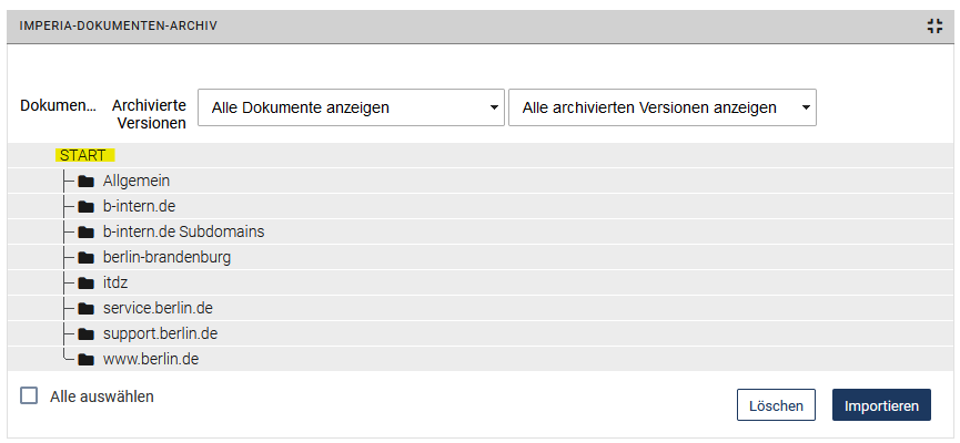 Das Bild zeigt die Rubrikenstruktur der ersten Ebene, wie sie im Archiv abgebildet wird.