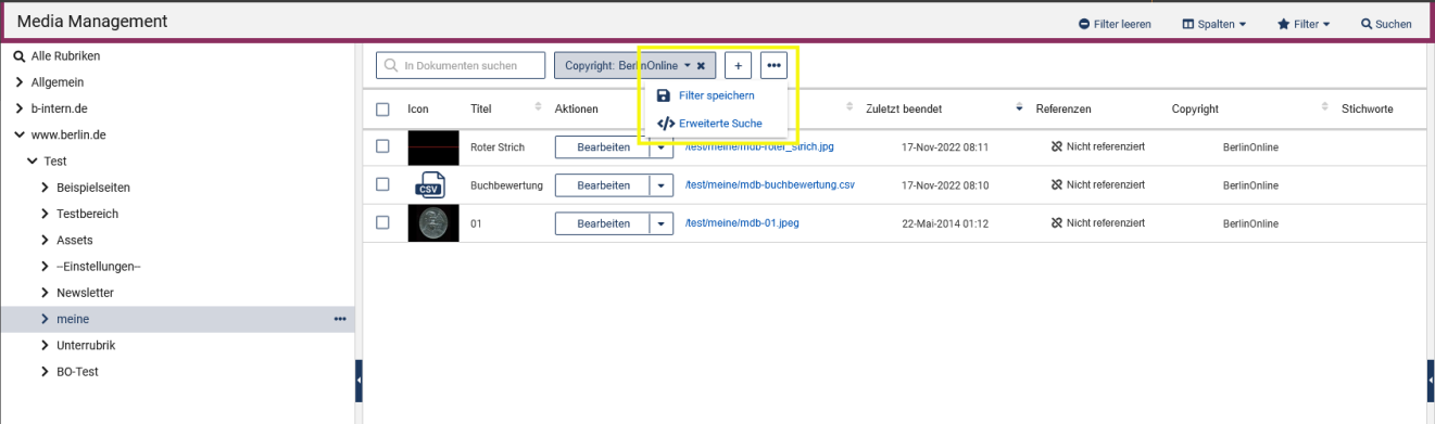 MAM mit Rubrikenbaum links und Assets rechts, über den Assets auf der linken Seite ist das Suchfeld für die Stichwortsuche zu sehen, rechts daneben ist ein Suchfeld für das Copyright mit einer aktiven Suche zu sehen, weiter rechts werden das Plus-Icon und ein Menü-Icon mit drei Punkten angezeigt, das Drei-Punkte-Menü ist aufgeklappt und die Optionen "Filter speichern" und "Erweiterte Suche" sind zu sehen