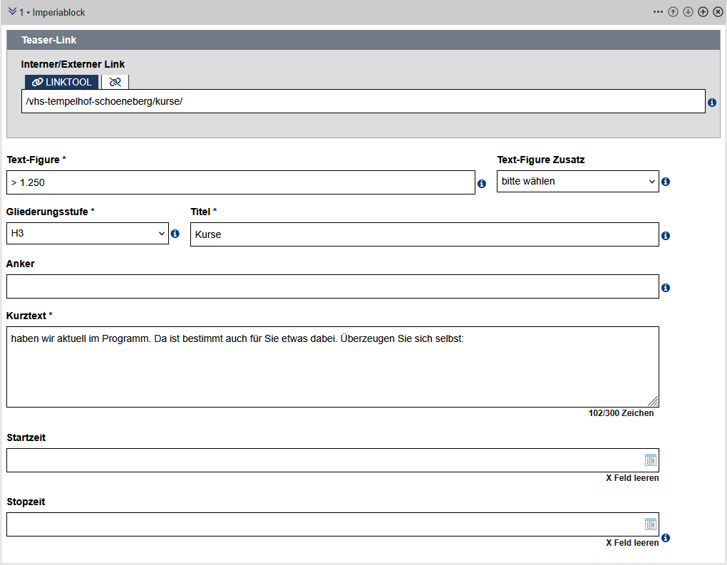 Das Bild zeigt die ausgefüllten Felder für einen Block aus "Daten und Fakten", Felder sind im Text erklärt