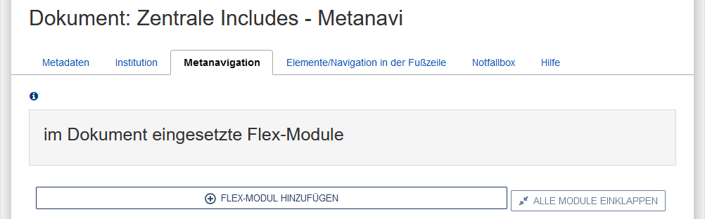 Der Reiter "Metanavigation" ist leer, man kann aber Flex-Module hinzufügen.
