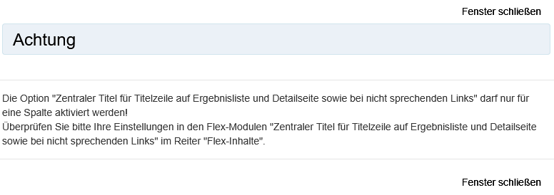 Die Fehlermeldung, die beim Versuch erscheint, einen zweiten "Zentralen Titel" einzurichten, mit dem Hinweis, dass das an der Stelle nicht möglich ist, und die Einstellungen überprüft werden sollen.