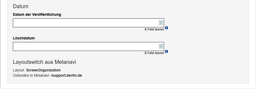 Meta-Angaben im Dokument mit den Feldern "Datum der Veröffentlichung" und Löschdatum, sowie der Information zur hinterlegten Layout-Variante