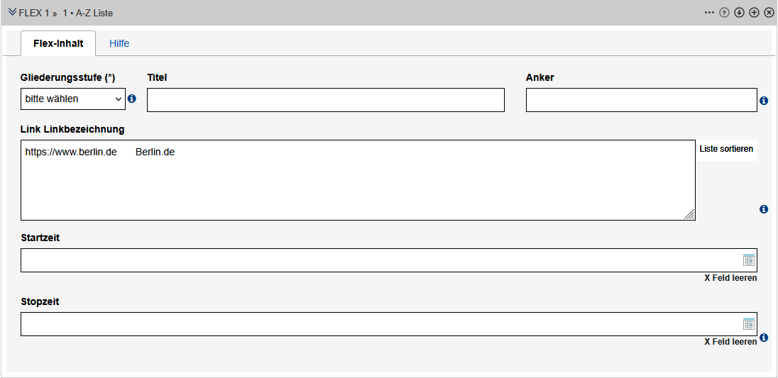 Neu erstelltes Formular für die A-Z-Liste, die Felder sind oben aufgelistet.