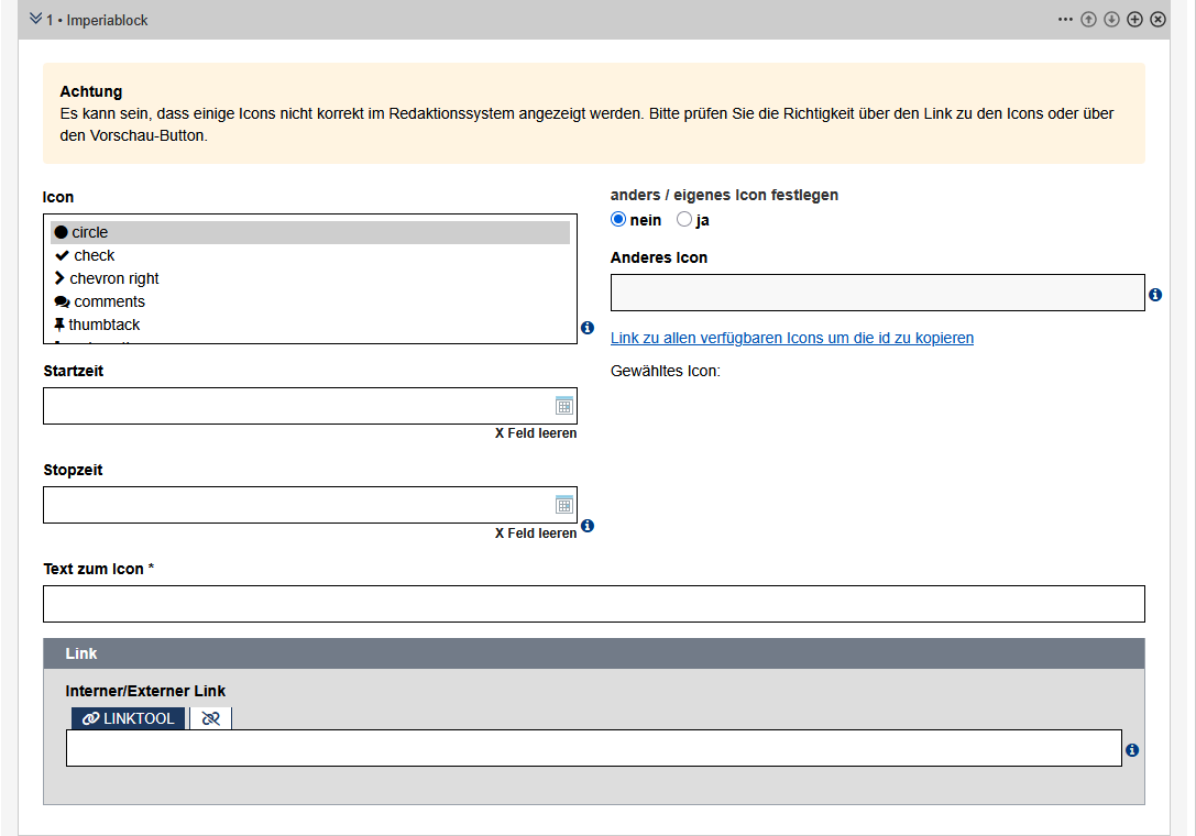 Das Formular für einen einzelnen Block der Icon-Liste, Felder sind im Text erklärt.
