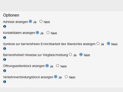 Anzeigeoptionen für den "DienstleistungsDB-Standortkontakt", die jeweils mit ja oder nein aktiviert bzw. deaktiviert werden können.