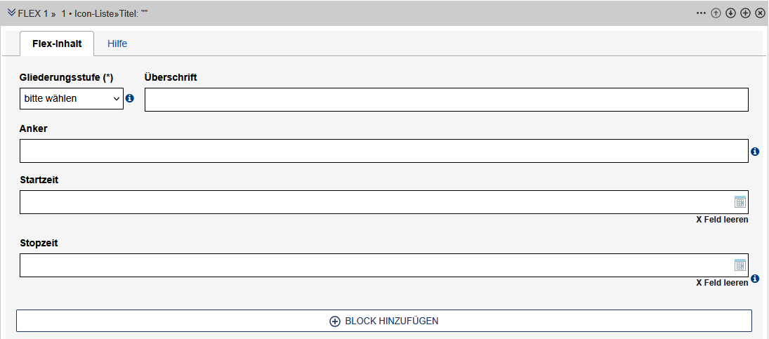Das Formular für die Einrichtung der Icon Liste ohne Block, Felder sind im Text erklärt
