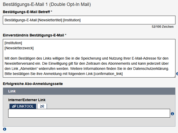 Formularfelder, in denen der Text für die Bestätigungsmail und ein Link für die Bestätigungsseite angegeben werden kann.