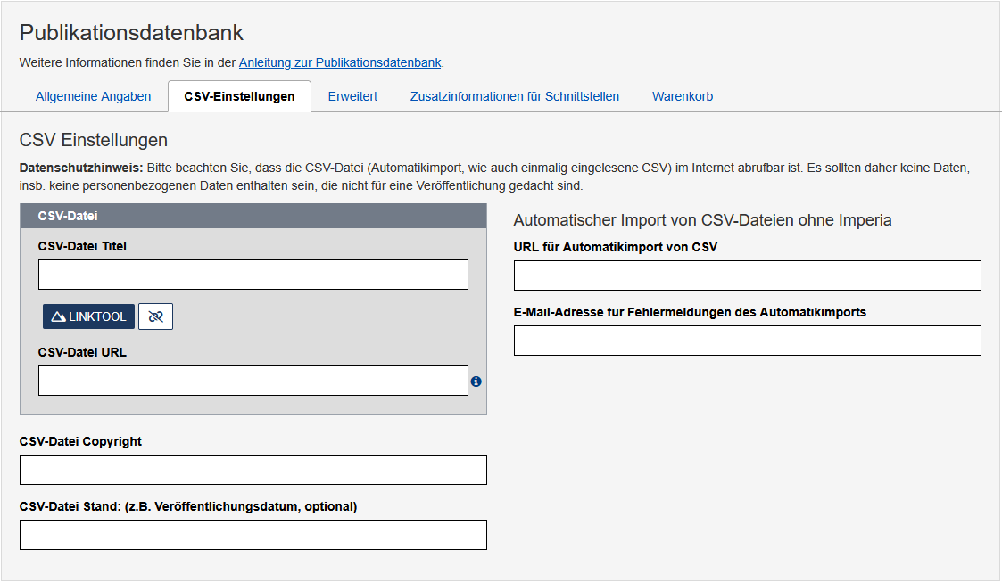 Formular für die Einbindung der CSV in die Publikationsdatenbank. Die Felder sind im Text beschrieben.