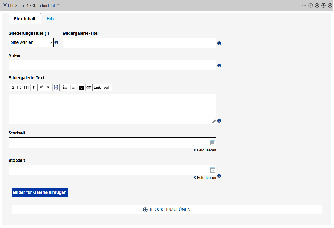 Galerie-Modul im Edit, die Felder werden im Text beschrieben