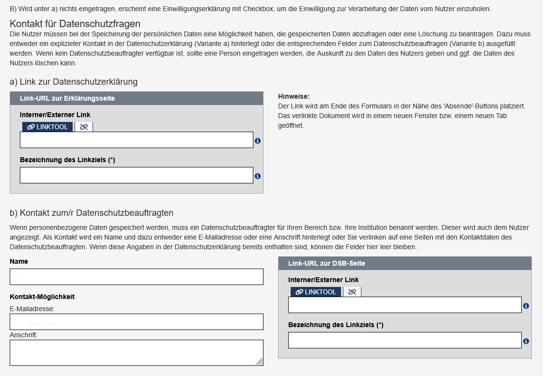 Formular - Ausschnitt aus dem Datenschutzbereich mit Formularfeldern zur Datenschutzerklärung und Information über die Datenschutzbeauftragten