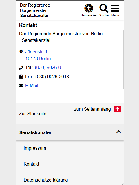 Beispiel der Metanavi für die Senatskanzlei - Mobile Ansicht