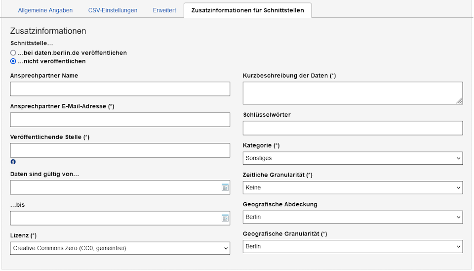 Reiter Zusatzinformationen für Schnittstellen in der SimpleSearch mit den im Text und auf der Seite im Open-Data-Portal beschriebenen Feldern.