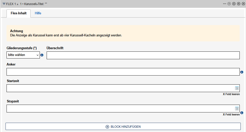 "Modul Karussell: Erstellungsbereich Überschrift, Felder werden im Text beschrieben"