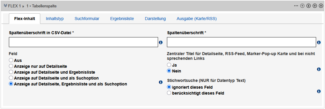 Bearbeitungsansicht des Reiters "Flex-Inhalt" des Tabellenspalten-Moduls mit den im Text beschriebenen Feldern. Es werden alle möglichen Felder und Reiter (rechts von "Flex-Inhalt") des Flex-Moduls angezeigt.