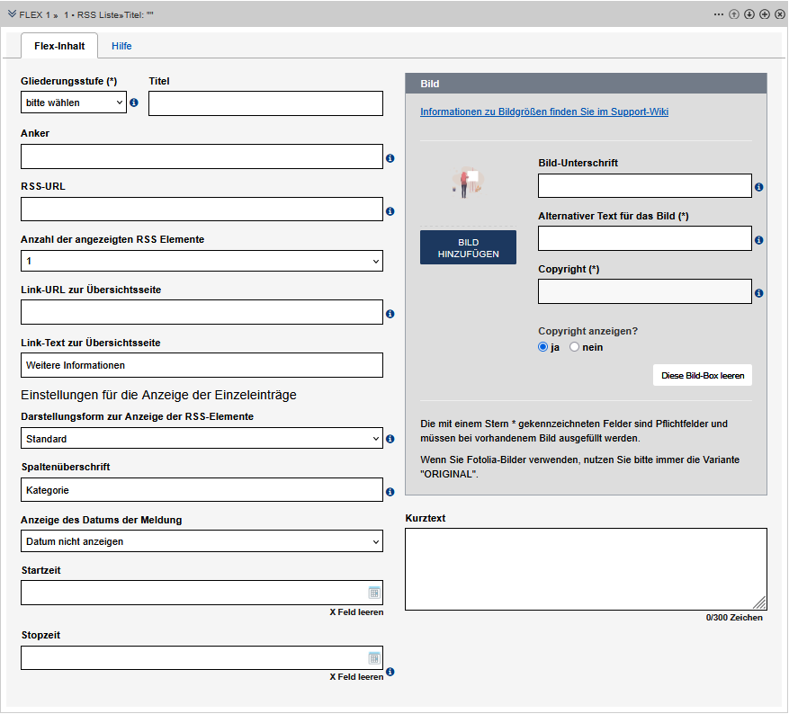 Darstellung der RSS-Liste in der Bearbeitung. Die oben beschriebenen Felder sind zu sehen.