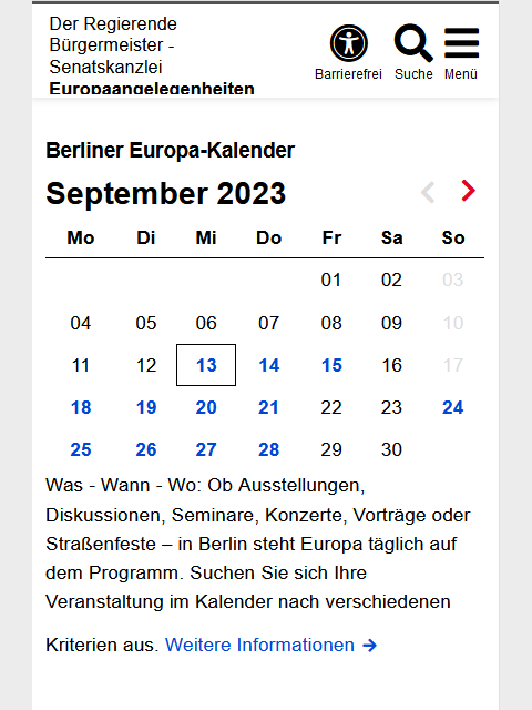 Beispiel der mobilen Ansicht des "Kalender Includes" im Vertical Organisation. Das Kalenderblatt für September mit den Wochen und Wochentagen ist abgebildet. Die Tage, an denen Events eingetragen sind, sind fett markiert und haben blaue, anstatt schwarze Schriftfarbe. Unterhalb des Kalenders ist ein Link mit Pfeil in blauer Schrift zu "weiteren Informationen" gesetzt.