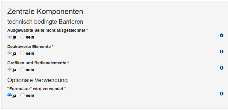 Barrierefreiheitserklärung - Reiter "Zentrale Komponenten", Optionen sind im Textteil beschrieben.