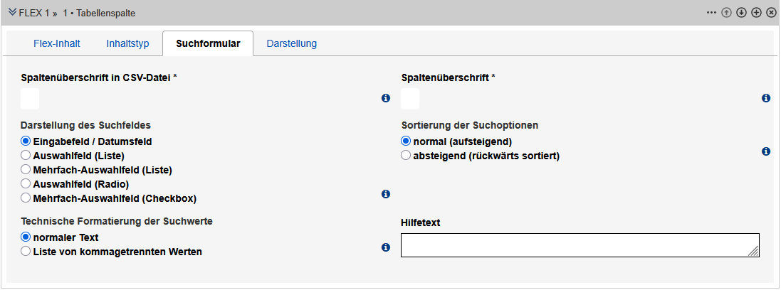 Einrichtung der Suche für eine Spalte. Die Felder sind im Text erklärt.