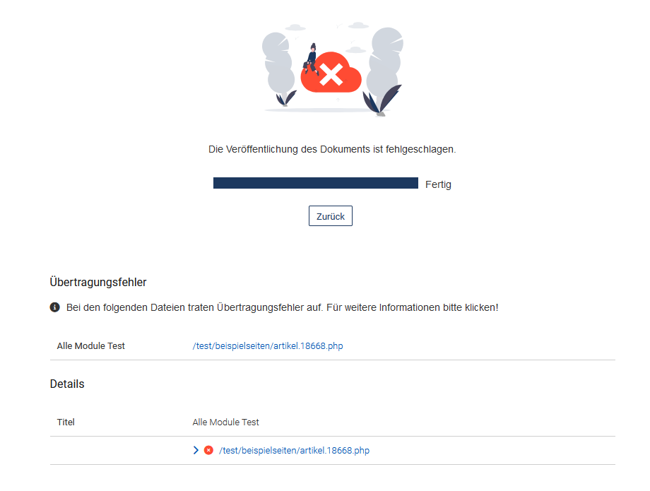 Detailansicht bei einer fehlgeschlagenen Veröffentlichung. Weitere Angaben im Text.