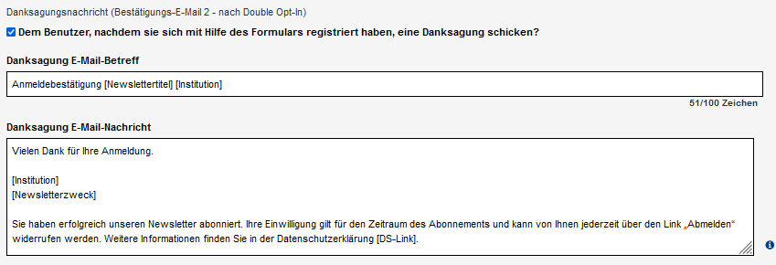 Formularfelder für die Danke-Mail mit Betreff und Text.