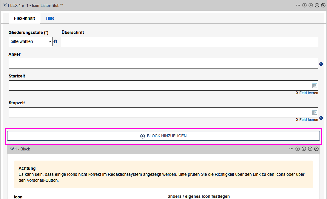 Hier ist ein "Block hinzufügen"-Button abgebildet, dieser ist pink markiert.