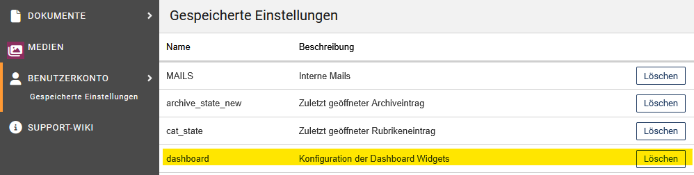 Gespeicherte Einstellungen mit Name und Beschreibung von mehreren Elementen, die hier gelöscht werden können