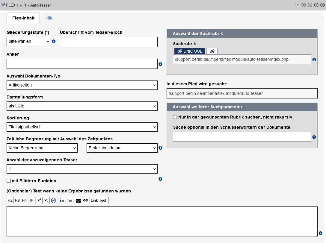 Das Auto-Teaser-Modul im Edit-Formular, die Formularfelder sind im Text erklärt.