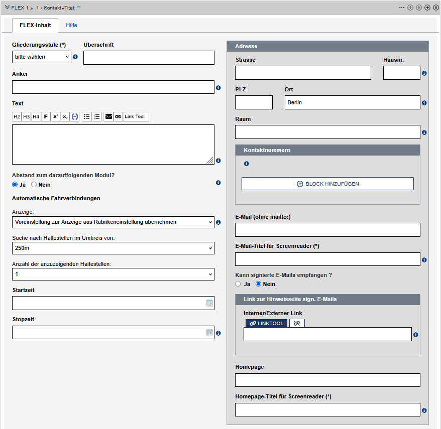 Formular zur Einrichtung eines Kontaktes, Felder werden im Text beschrieben