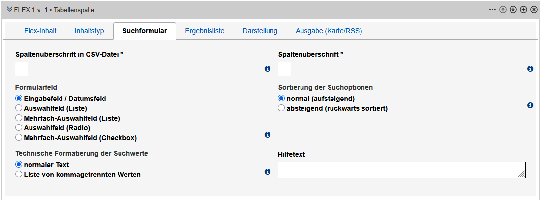 Bearbeitungsansicht des Reiters "Suchformular" des Tabellenspalten-Moduls mit den im Text beschriebenen Feldern.