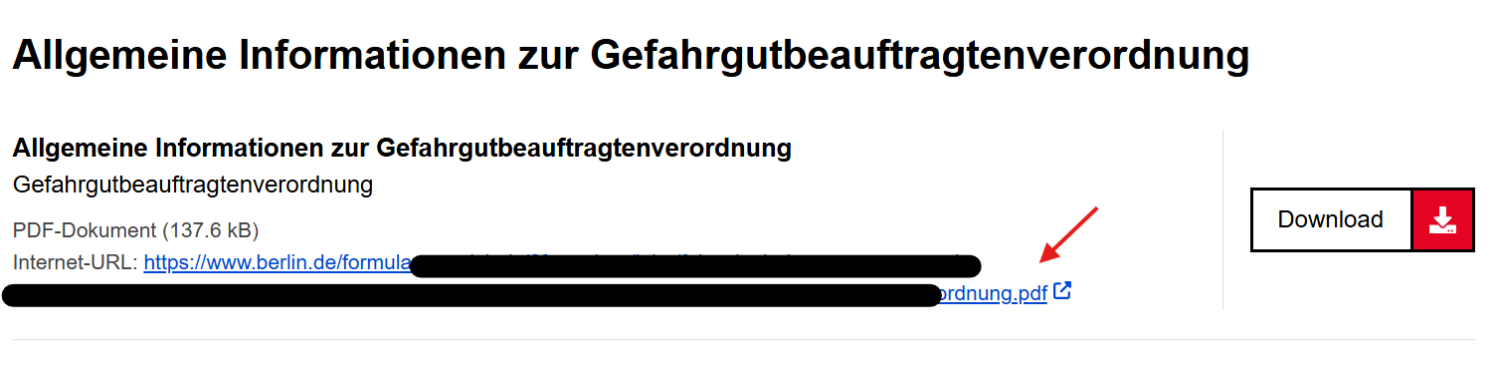 Nach der Seitenüberschrift und einigen Informationen zum PDF wird die Internet-URL (im Screenshot geschwärzt) angezeigt.