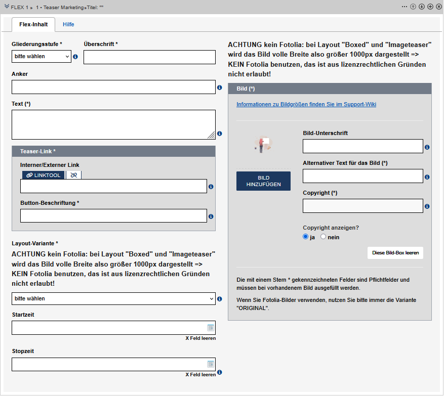 Formular zur Erstellung des "Teaser-Marketing", die Felder werden im Text beschrieben.