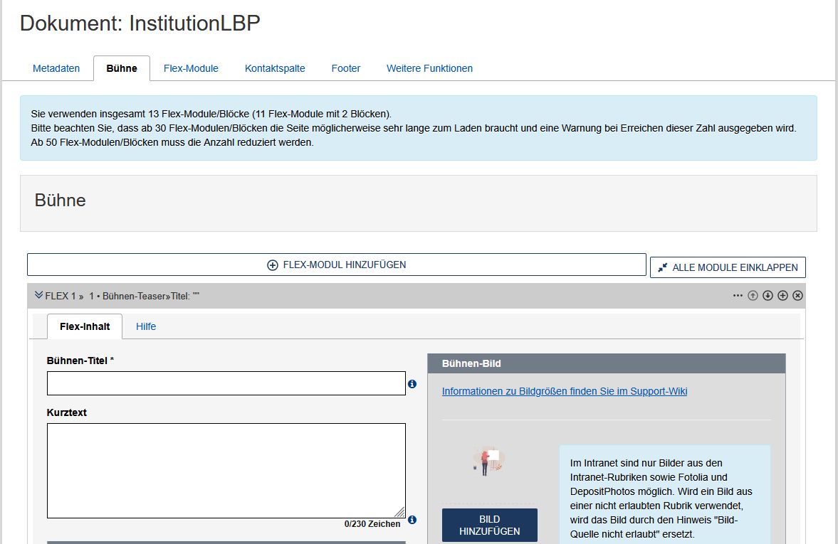 Bearbeitungsansicht "Institution LBP" mit dem aktiven Reiter "Bühne" (zweiter von links). Das erste Bühnen-Teaser-Modul ist bereits eingefügt und mit Beispieldaten ausgefüllt.
