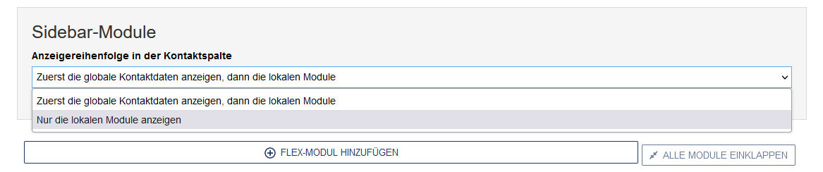 Abbildung des kompletten Inhalts einer noch nicht bearbeiteten Kontaktspalte: ein Auswahlfeld und ein Button um Flex-Module einzufügen.