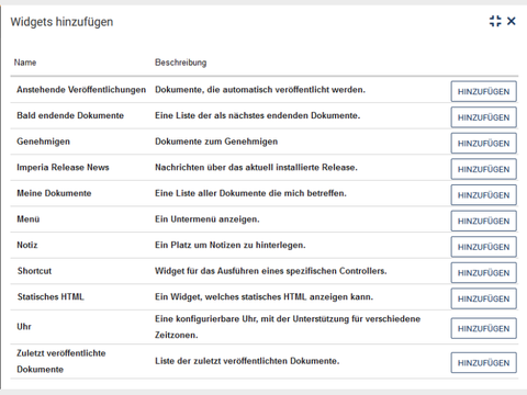Liste der Dashboard-Widgets: Anstehende Veröffentlichungen, Bald endende Dokumente, Genehmigen, Imperia Release News, Meine Dokumente, Menü, Notiz, Shortcut, Statisches HTML, Uhr, Zuletzt veröffentlichte Dokumente
