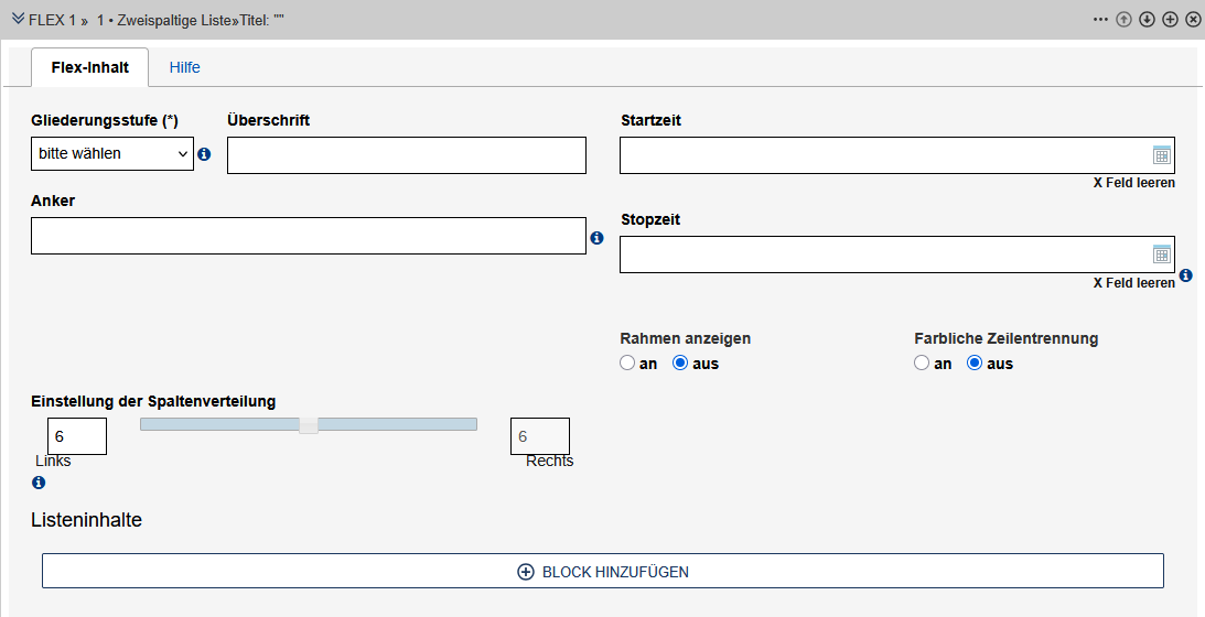 Formular für die Grundeinstellungen der "Zweispaltige Liste". Die Felder sind im Text beschrieben.