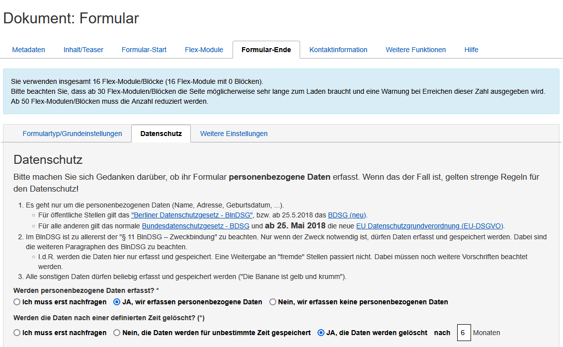 Formular: Ausschnitt aus dem Datenschutzbereich mit Infos, Hinweisen und Frage zu persönlichen Daten