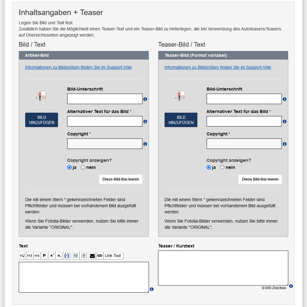 Zwei Formulare nebeneinander: eines für den Inhalt der Seite, rechts daneben das für den Teaser