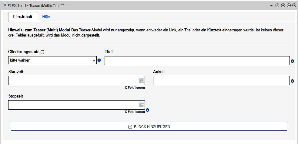 Oberer Abschnitt des Teaser-Multi-Moduls. Formularfelder sind im Text dokumentiert.