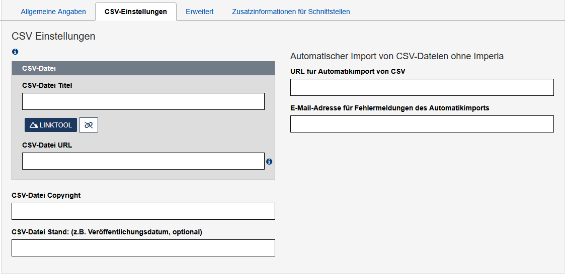 Reiter "CSV-Einstellungen" in der SimpleSearch mit den im Text beschriebenen Feldern.