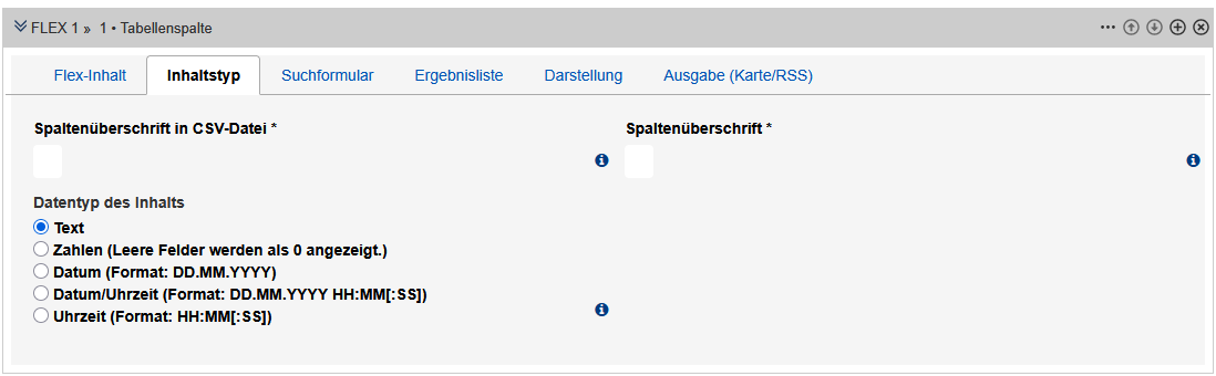 Bearbeitungsansicht des Reiters "Inhaltstyp" des Tabellenspalten-Moduls mit den im Text beschriebenen Feldern.