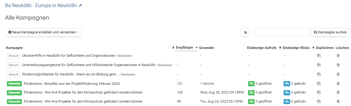Abgebildet ist eine Liste mit Newslettern mit diversen Aktionsmöglichkeiten.