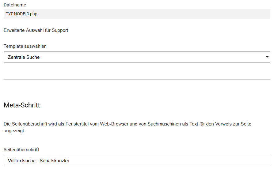 Formular für die Auswahl des Templates "Zentrale Suche" und zur Eintragung einer Seitenüberschrift