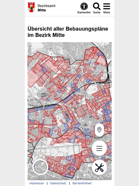 Stadtplan-Ansicht mit in rot und blau hervorgehobenen Bebauungsplänen, unten rechts ein Marker für Bereiche, ein Burger-Menuuü und ein Eigenschaftenmenü