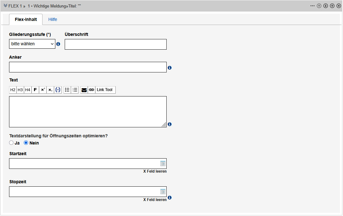 Formular zur Einrichtung des Flex-Moduls "Wichtige Meldung". Die Felder sind im Text beschrieben.