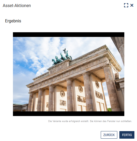 Das Bild ist mit einem schwarzen Rand oben und unten zu sehen, unten rechts befinden sich die Buttons "Zurück" und "Fertig"