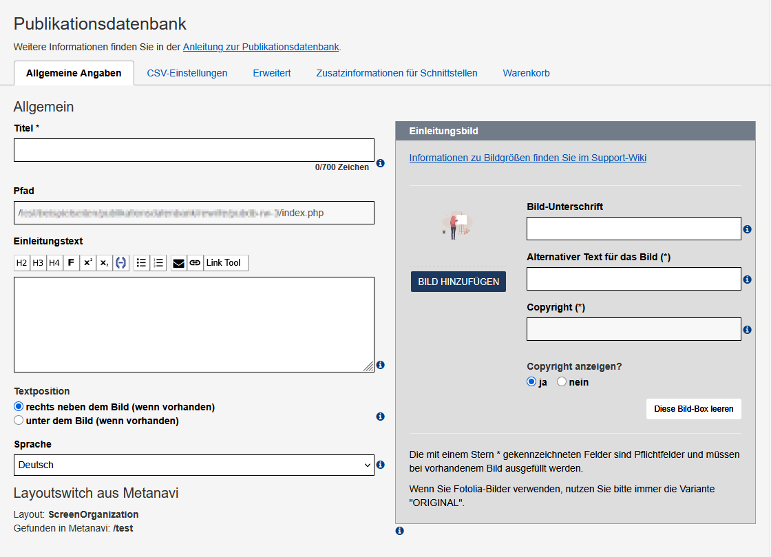 Ansicht des Formulars im Reiter "Allgemeine Angaben". Die Felder sind im Text erklärt.